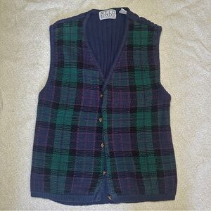 Vintage Plaid Wool Vest in Green and Navy